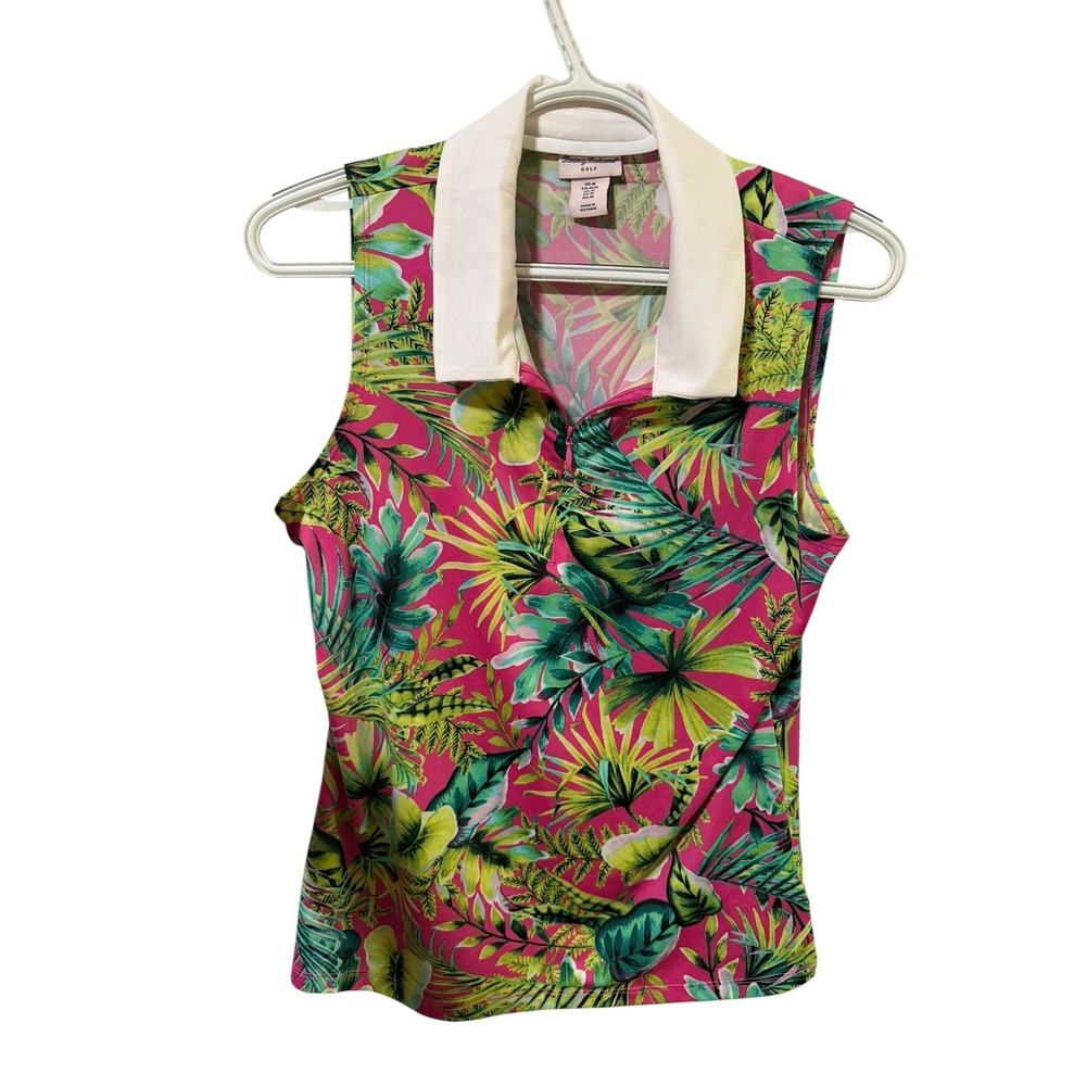 Tommy‎ Bahama Golf Size Medium Pink Tropical Floral Sleeveless Quarter Zip Polo